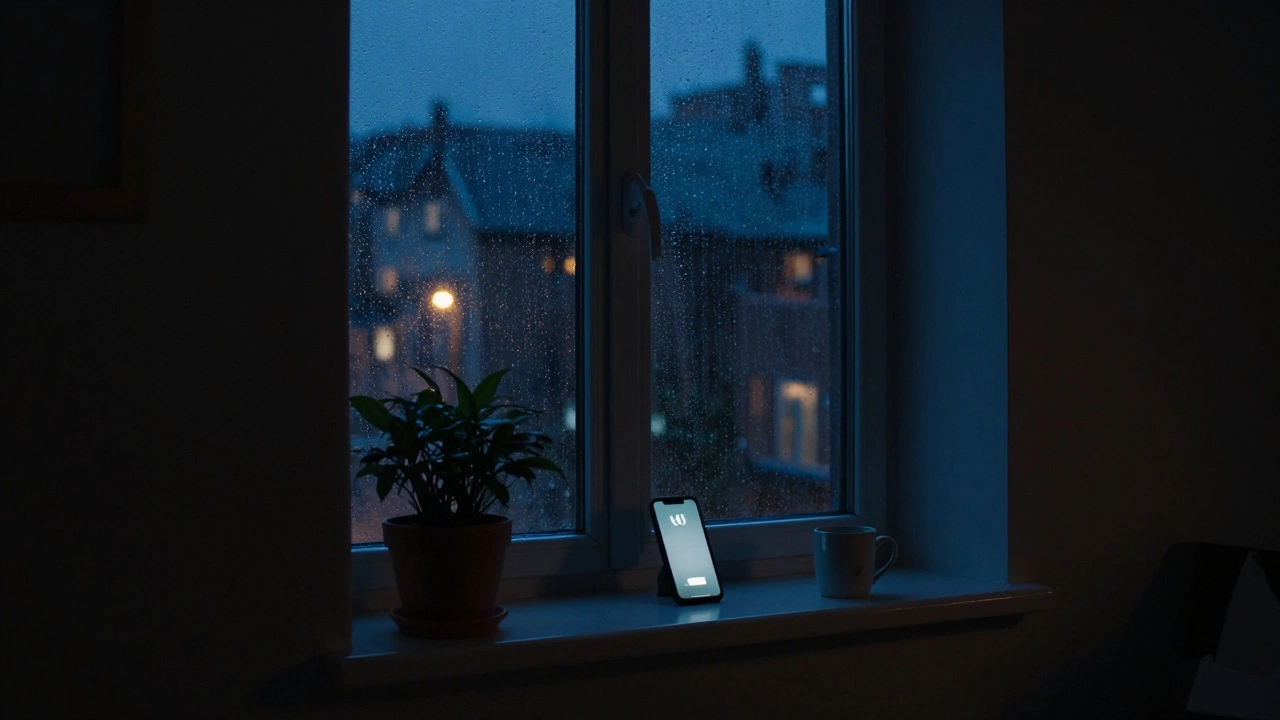 A glowing phone screen on a windowsill at night, rain outside, conveying silent connection.