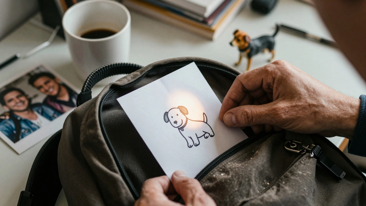 A handwritten note with a doodle placed in a backpack beside a coffee cup and old photo.