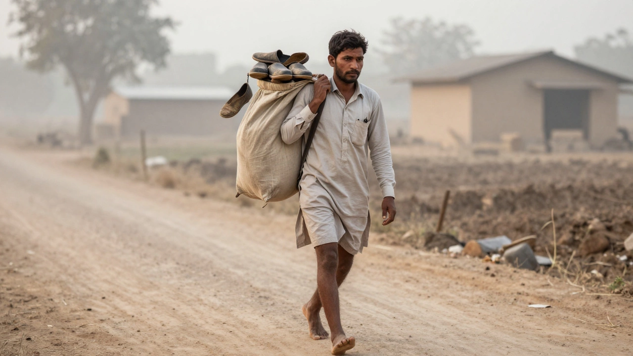 A man carrying his wife&#039;s shoes in a bag, walking through a village road at dawn.
