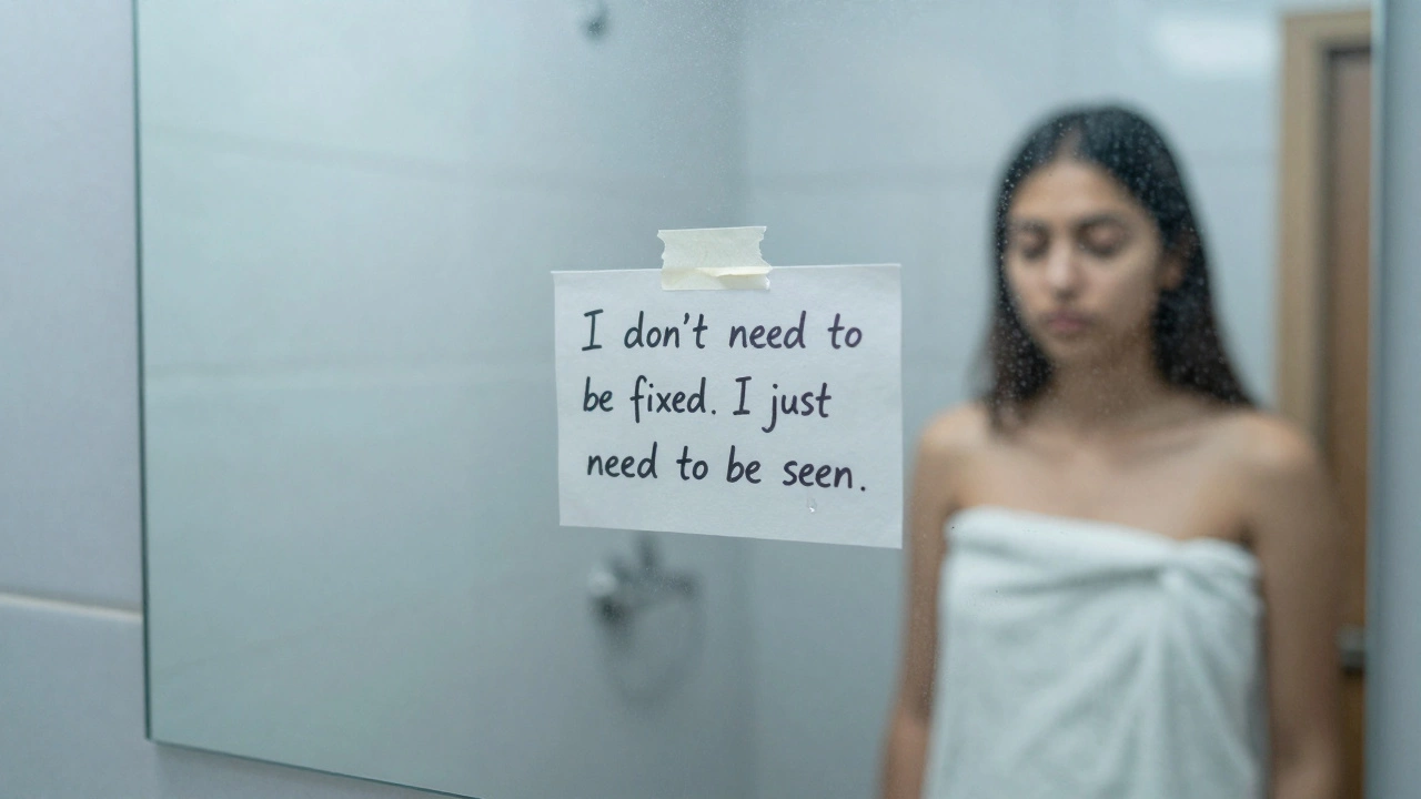 A mirror with a taped note saying &#039;I just need to be seen,&#039; a tear on the glass, faint reflection of a person.