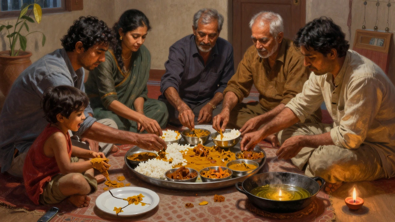 A multi-generational family shares dinner on the floor, laughter and spilled curry under a flickering diya.