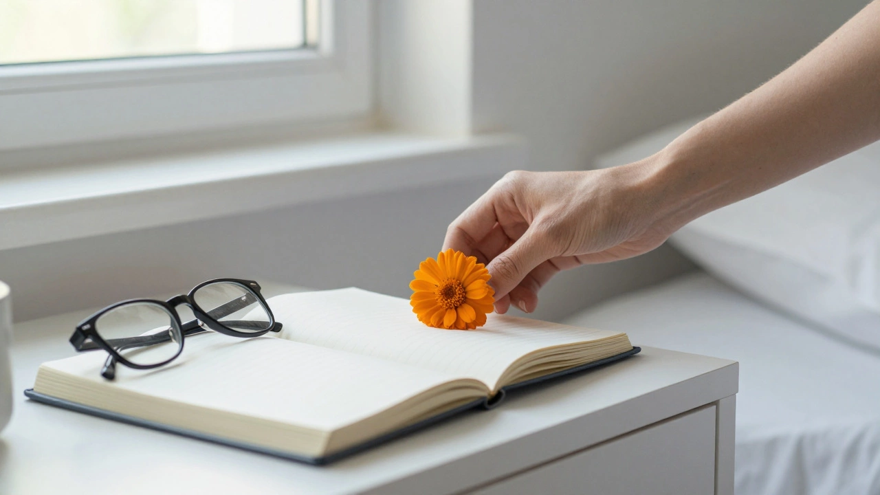 A single marigold flower placed on a bedside table with reading glasses and an open diary.