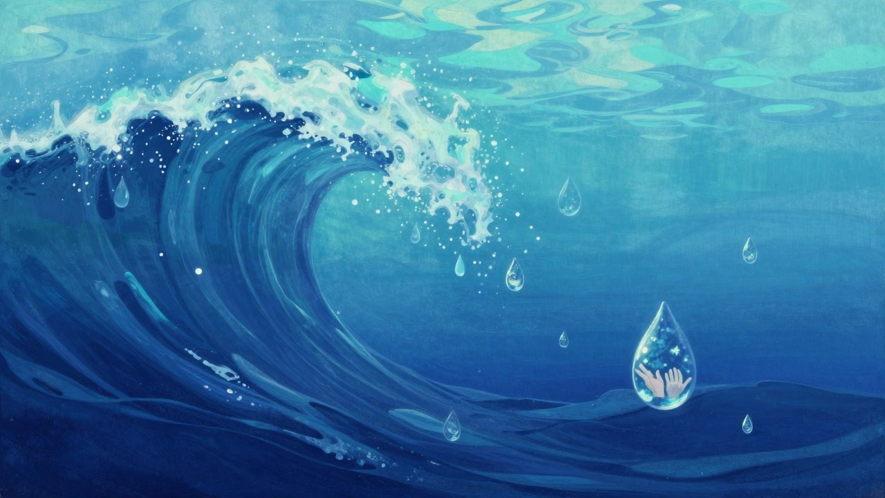 A wave dissolving into the ocean, each droplet holding symbols of life and connection.