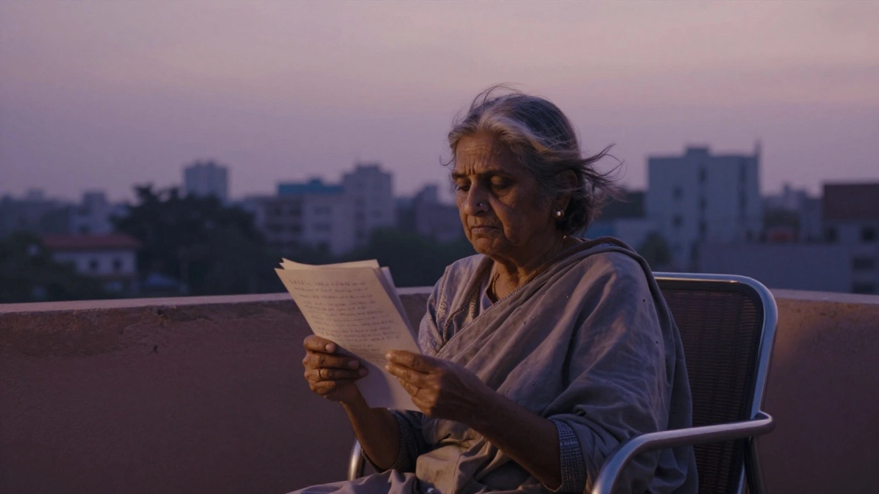 A woman reading letters to her late husband on a balcony, wind lifting the pages at dusk.