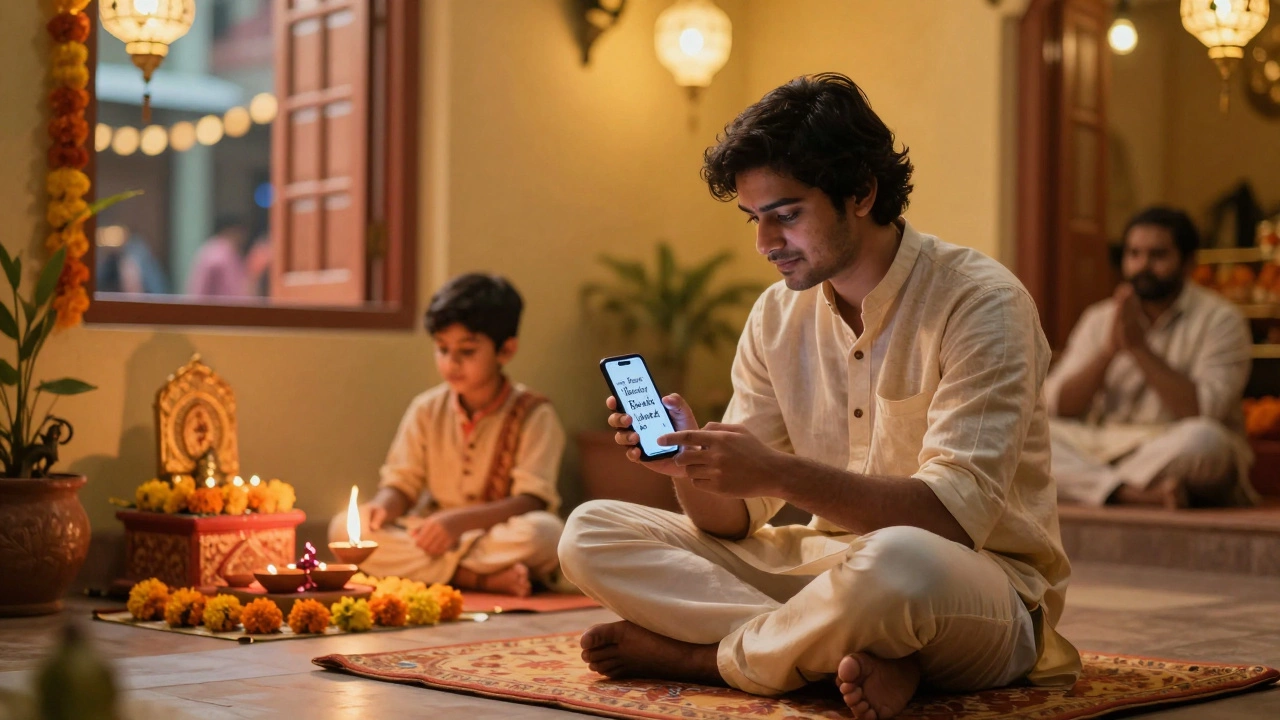 A young person holding a phone with a birthday message, a child lighting a diya in a colorful courtyard.