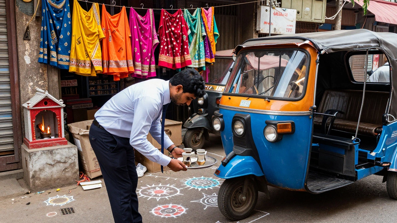 A young professional bows respectfully to a driver in a busy Indian street, surrounded by market colors and a small shrine.