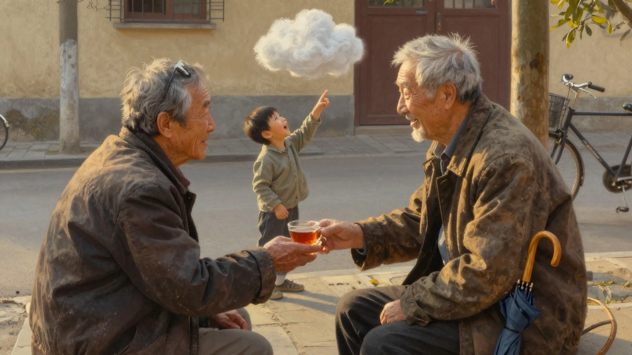 An elderly man giving tea to a neighbor as a child laughs at a cloud shaped like a dinosaur.