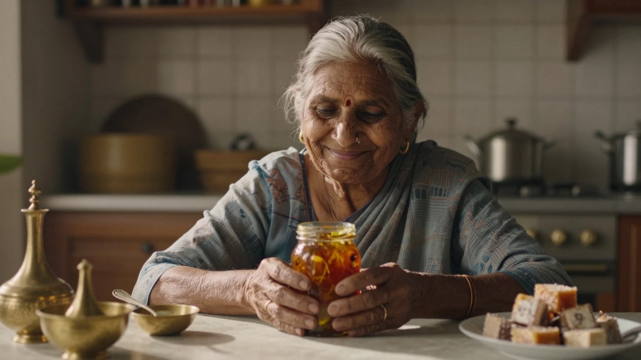 An elderly woman smiling while holding a jar of homemade pickle in her sunlit kitchen.