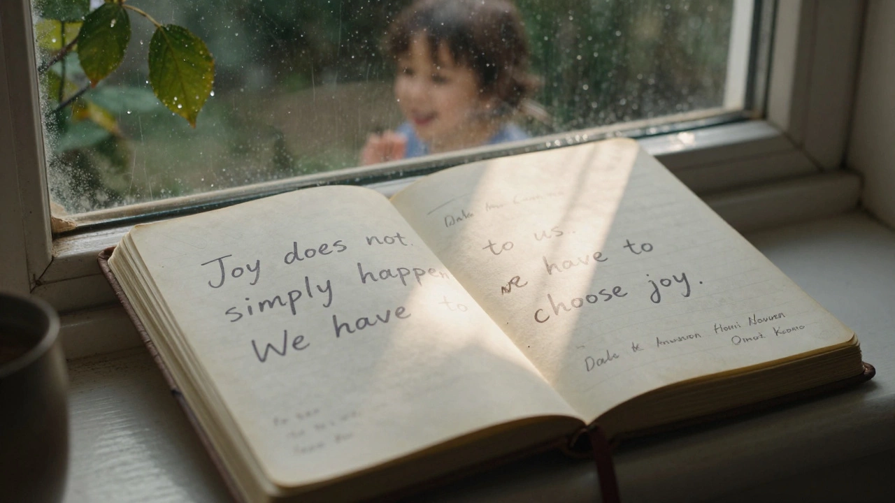 An open notebook with handwritten happiness quotes under a sunlit window, rain glistening outside.