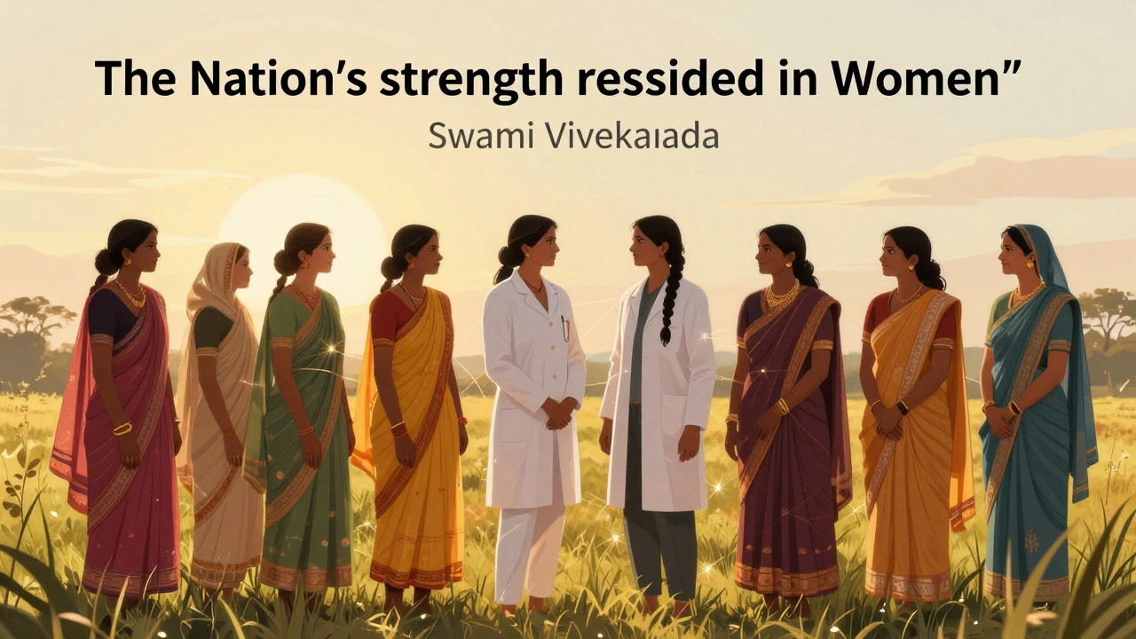 Diverse Indian women from different walks of life stand together in a sunlit field, symbolizing national strength through unity and quiet power.