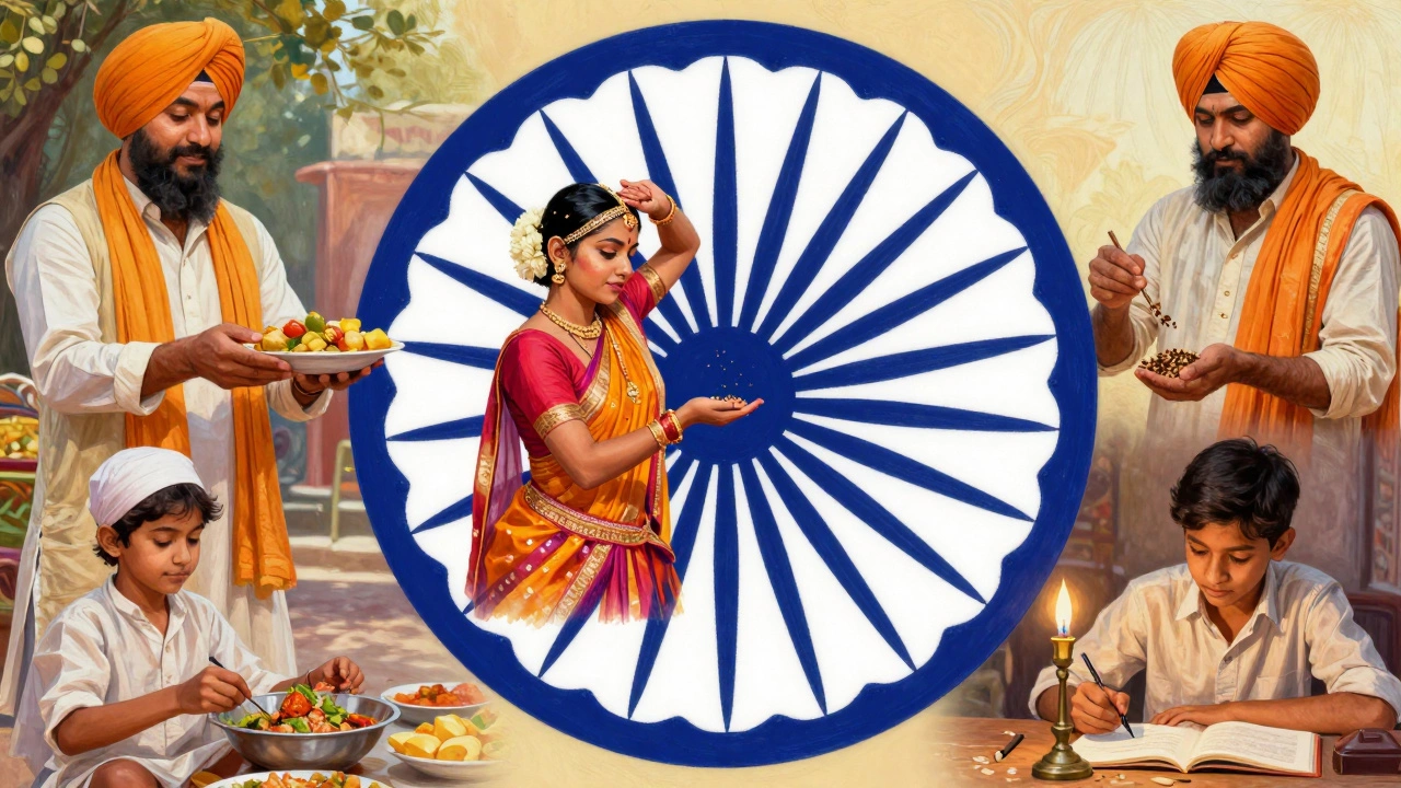 Diverse Indians sharing food, dancing, farming, and studying together in a circular composition.