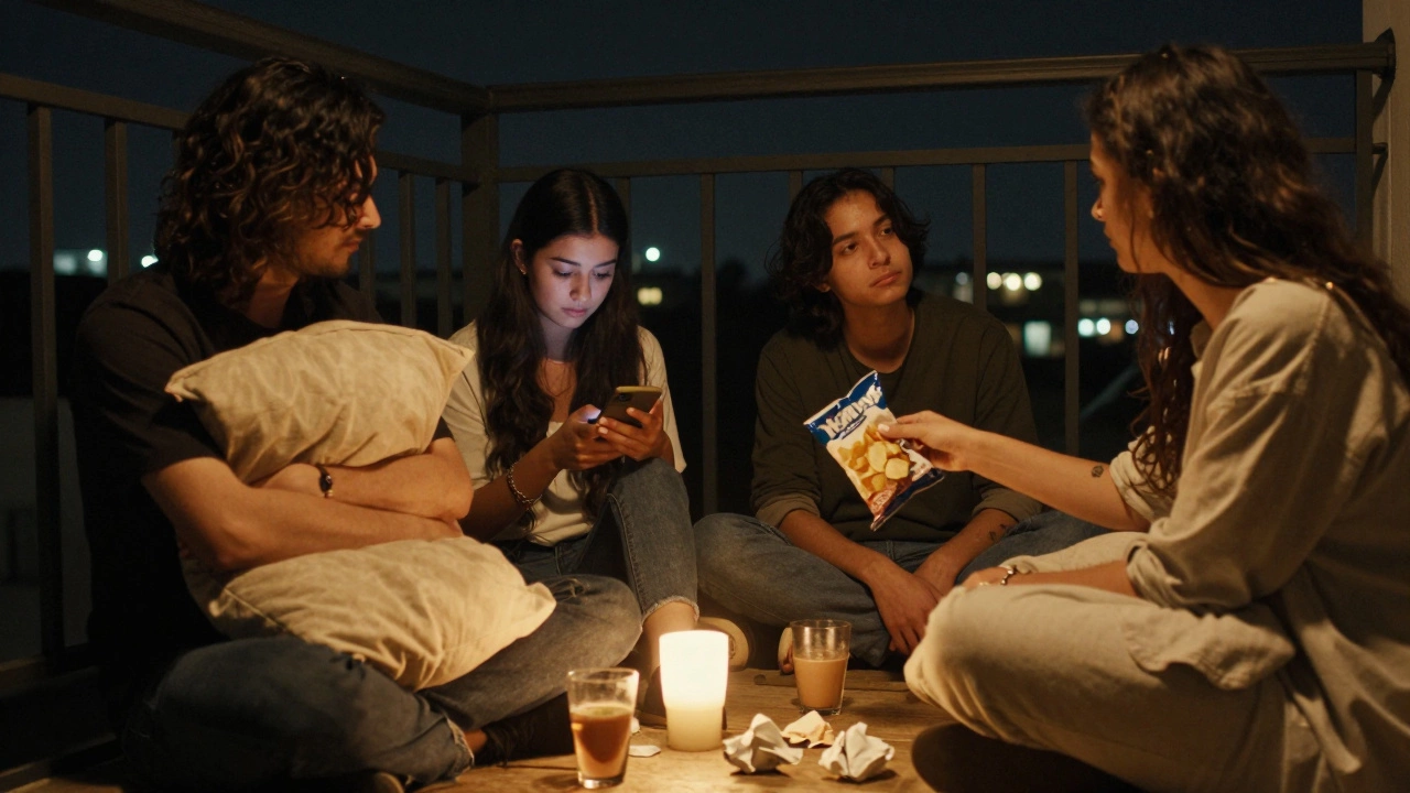 Four friends sitting quietly on a balcony at night, sharing silent comfort.