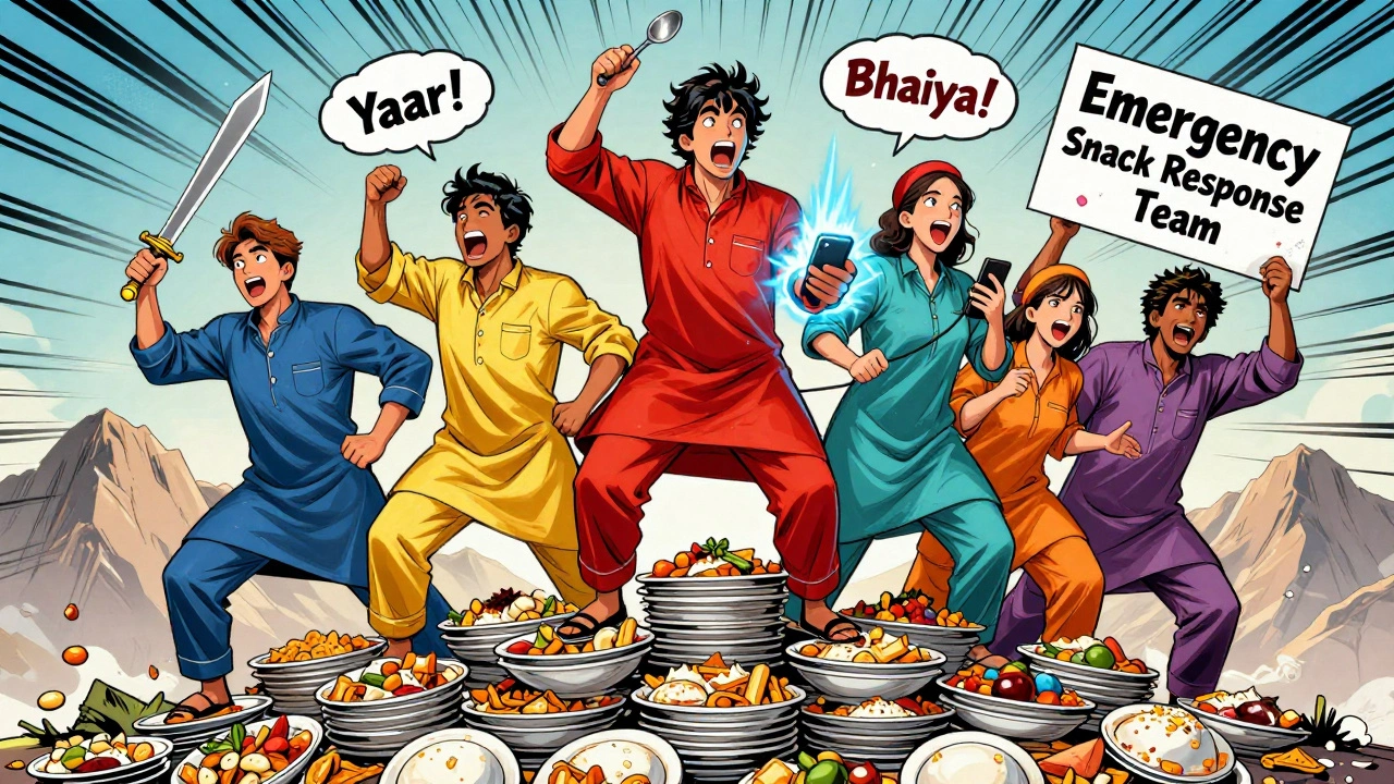 Friends portrayed as a superhero team triumphing over a pile of chaat plates.
