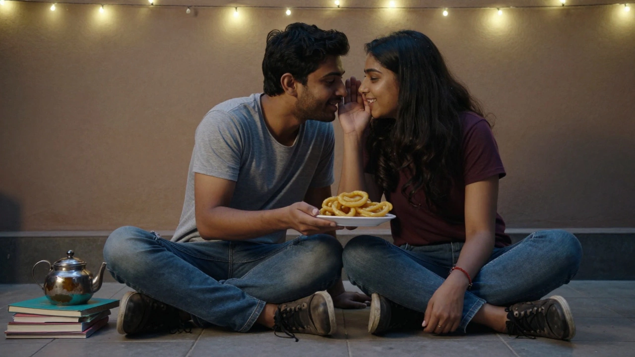Two friends sharing jalebis and a quiet birthday moment on a tiled floor.