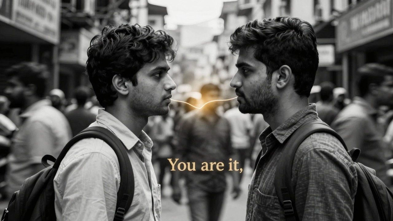 Two strangers locking eyes in a busy city, connected by a golden thread of light.