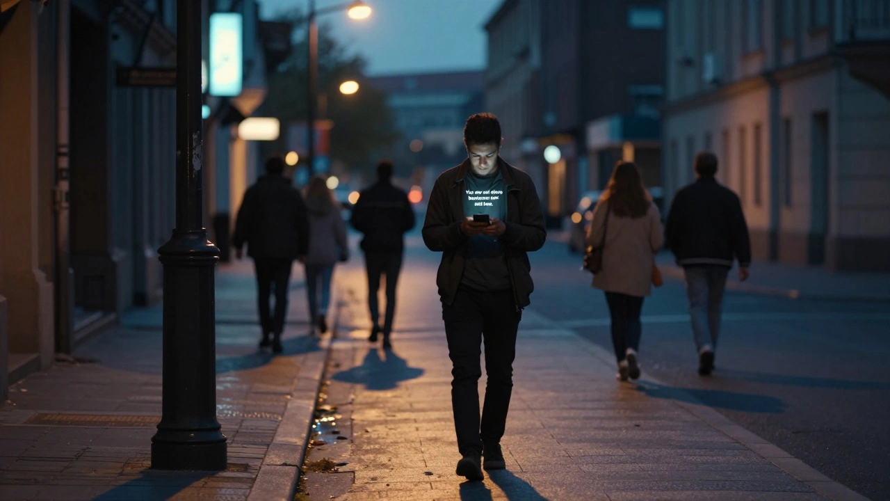 A lone walker looking at a glowing phone screen with a quote under a streetlamp at twilight.
