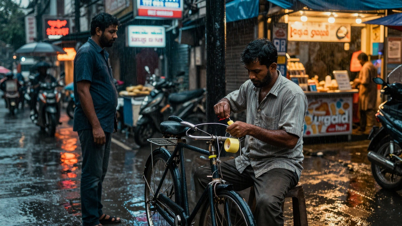 A street vendor fixes a bicycle with makeshift tools under monsoon rain, a passerby asks with quiet concern.