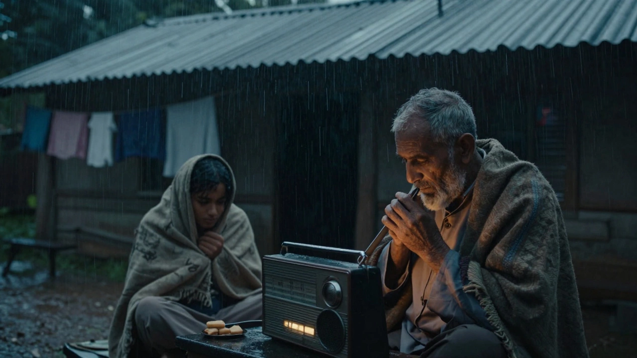 An elderly man hums a song by a glowing radio during a monsoon night, rain tapping the roof.