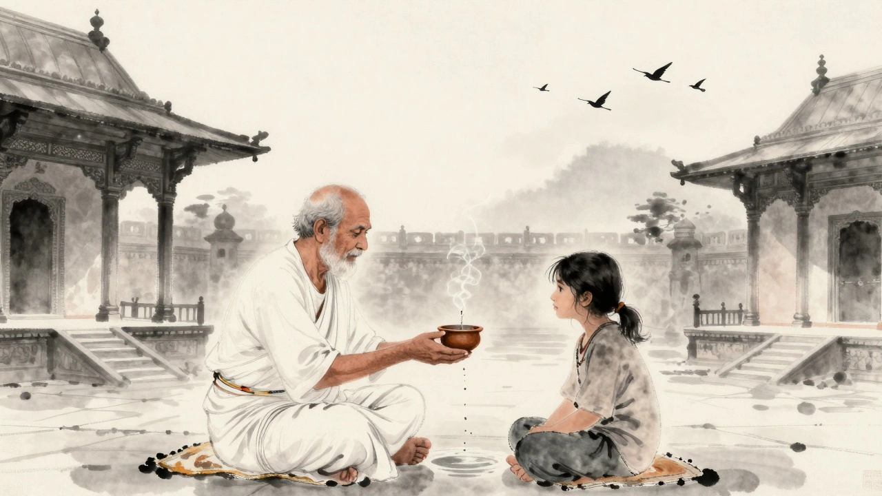 An elderly man offers water to a stranger at a temple at sunrise, their silent exchange radiating quiet compassion.