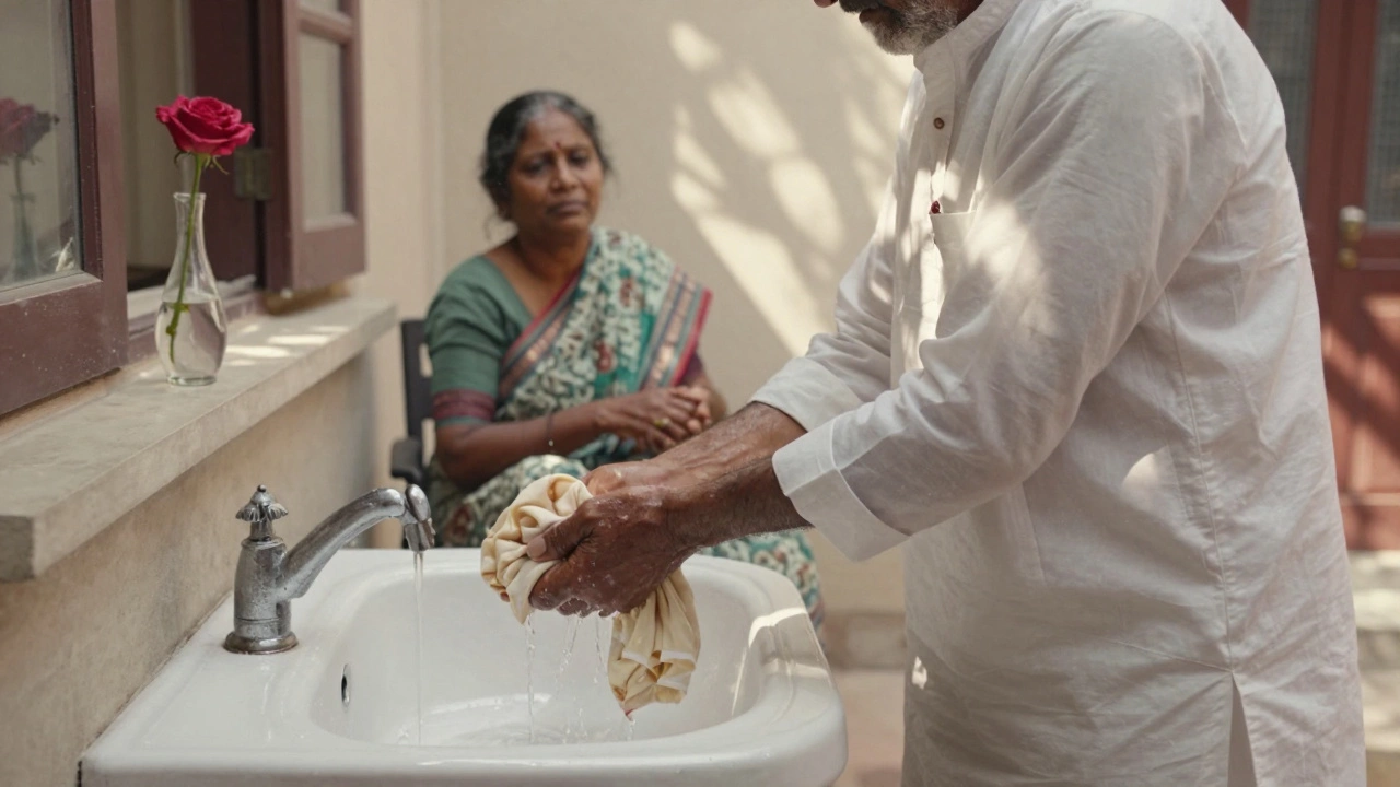 An elderly man washing his wife's saree by hand in a courtyard as she watches nearby.