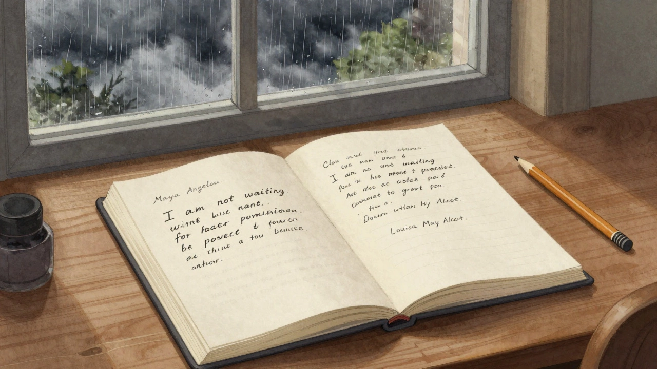 An open journal with handwritten quotes on a wooden desk during a storm.