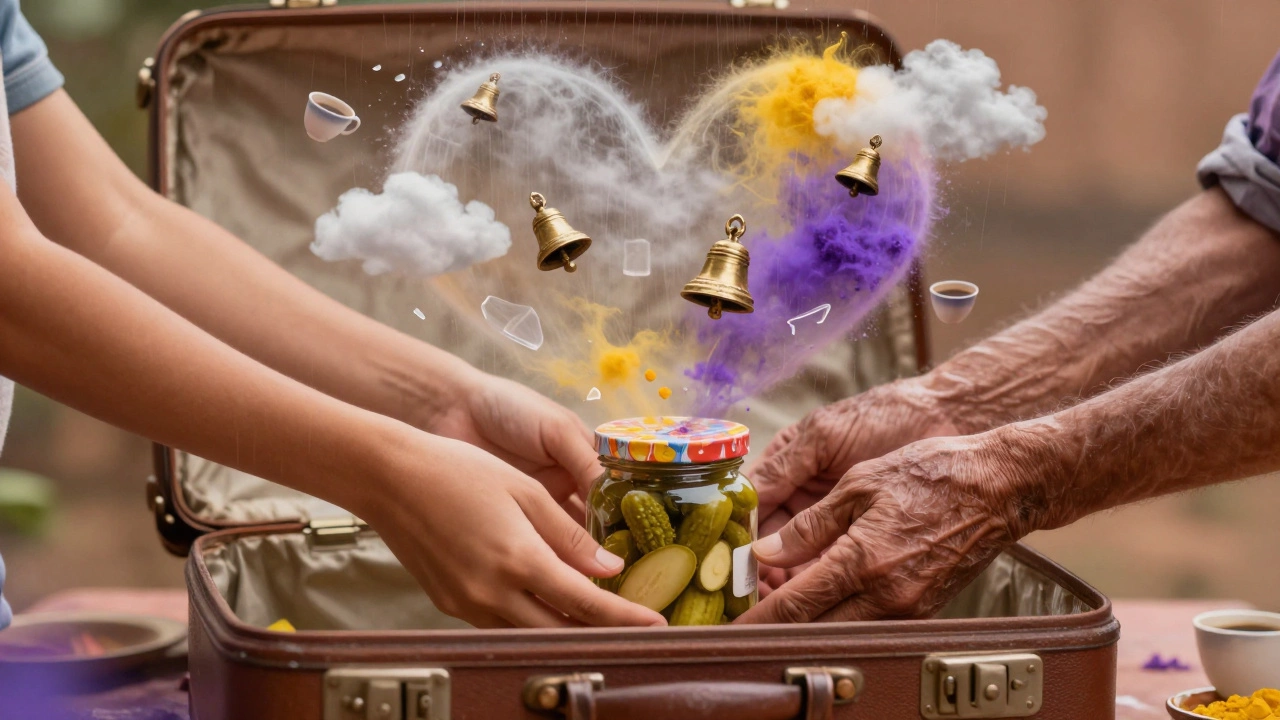 Hands placing pickles in a suitcase as cultural symbols dissolve into a heart-shaped mist.