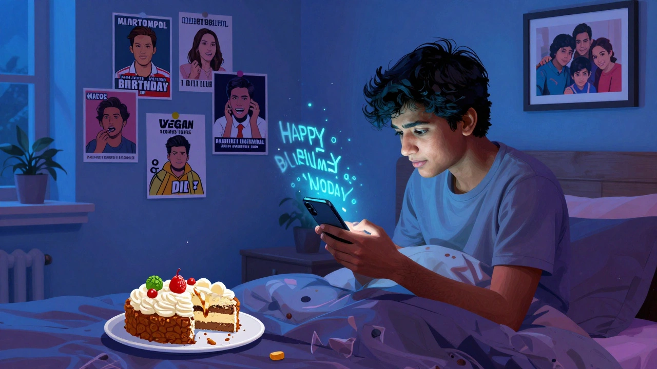 Young person typing a birthday message on phone amid vegan cake and childhood photos in a cluttered room.