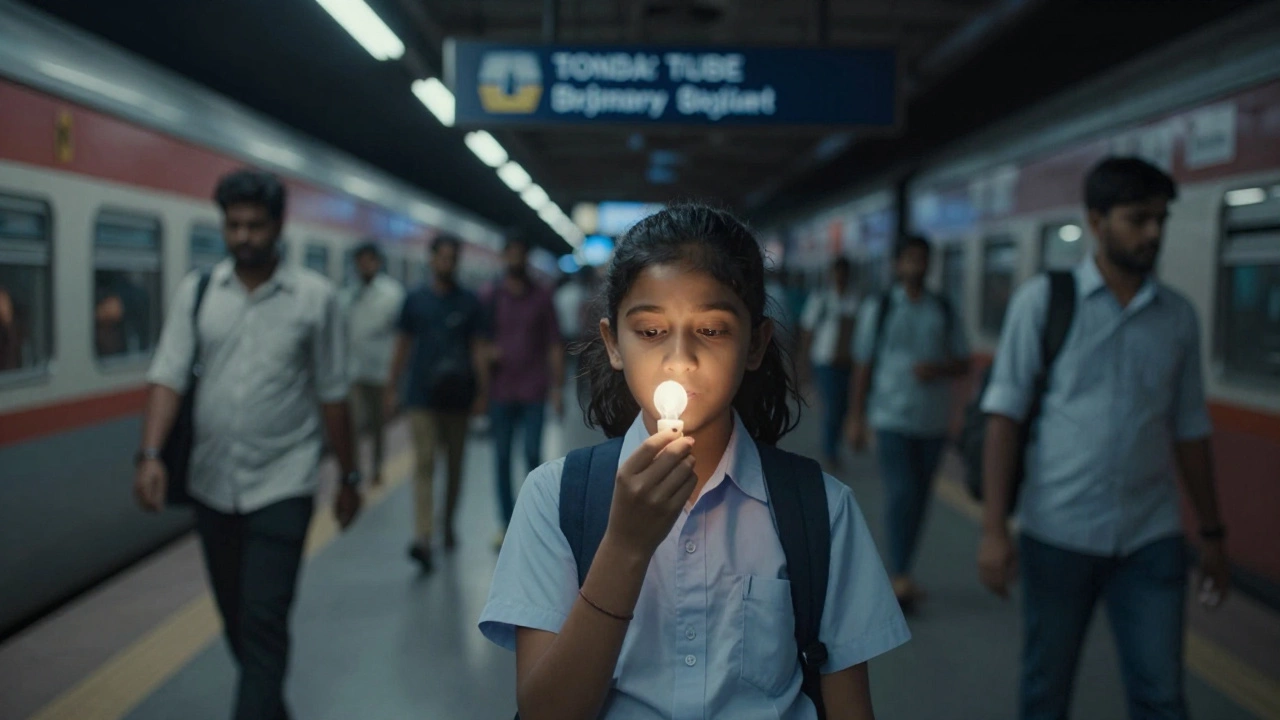 A girl recites a poem as train station lights flicker out in Mumbai.