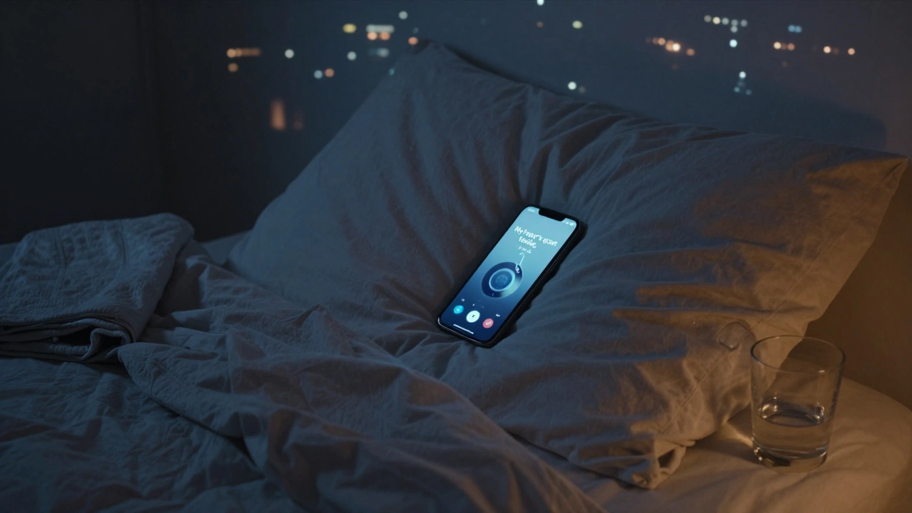 A glowing phone on a pillow with the status 'My heart’s quiet today. Let it be.' in a dim, emotional bedroom at night.