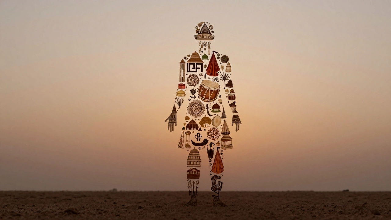 A human silhouette filled with tiny symbols representing India's regional cultures, languages, and traditions.