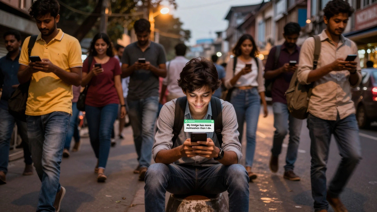 A person smiling at their phone showing the status 'My fridge has more motivation than I do.' amid a bustling Mumbai street at dusk.