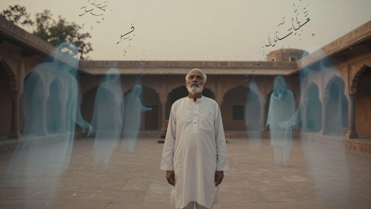 An elderly man stands in a courtyard as ghostly poet figures drift around him in twilight.