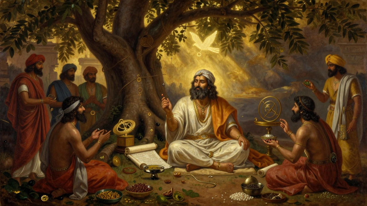 Ancient Indian scholar surrounded by traders and scrolls, with a golden bird silhouette in the sky during the Gupta Empire's golden age.