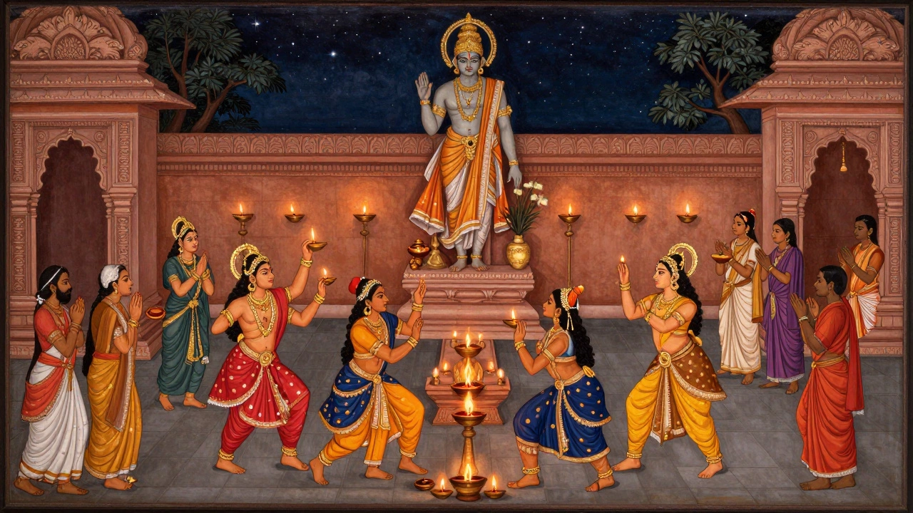 Diwali celebration with Ramayana dance in temple courtyard
