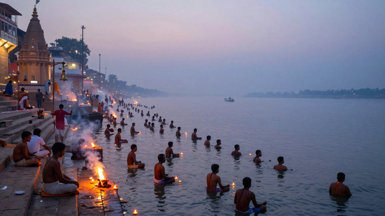 Thousands of pilgrims bathing in the Ganges at sunrise in Varanasi, with floating lamps and temple bells in the mist.