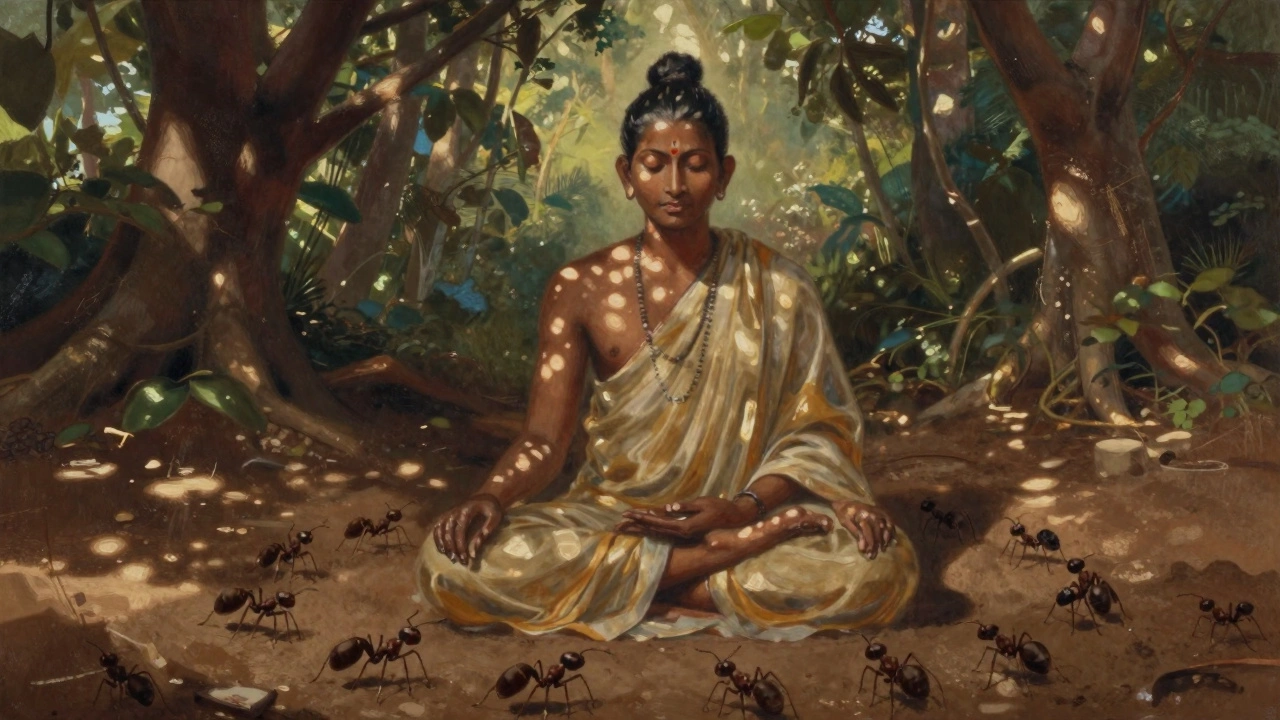 Valmiki meditating with ants forming mound around him