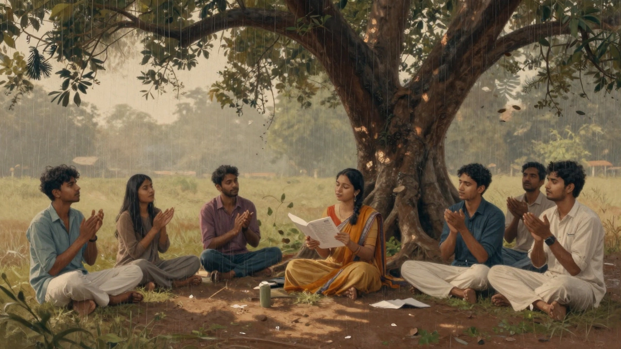 Young poets listen in silence under a tree as a woman whispers the end of a monsoon poem.