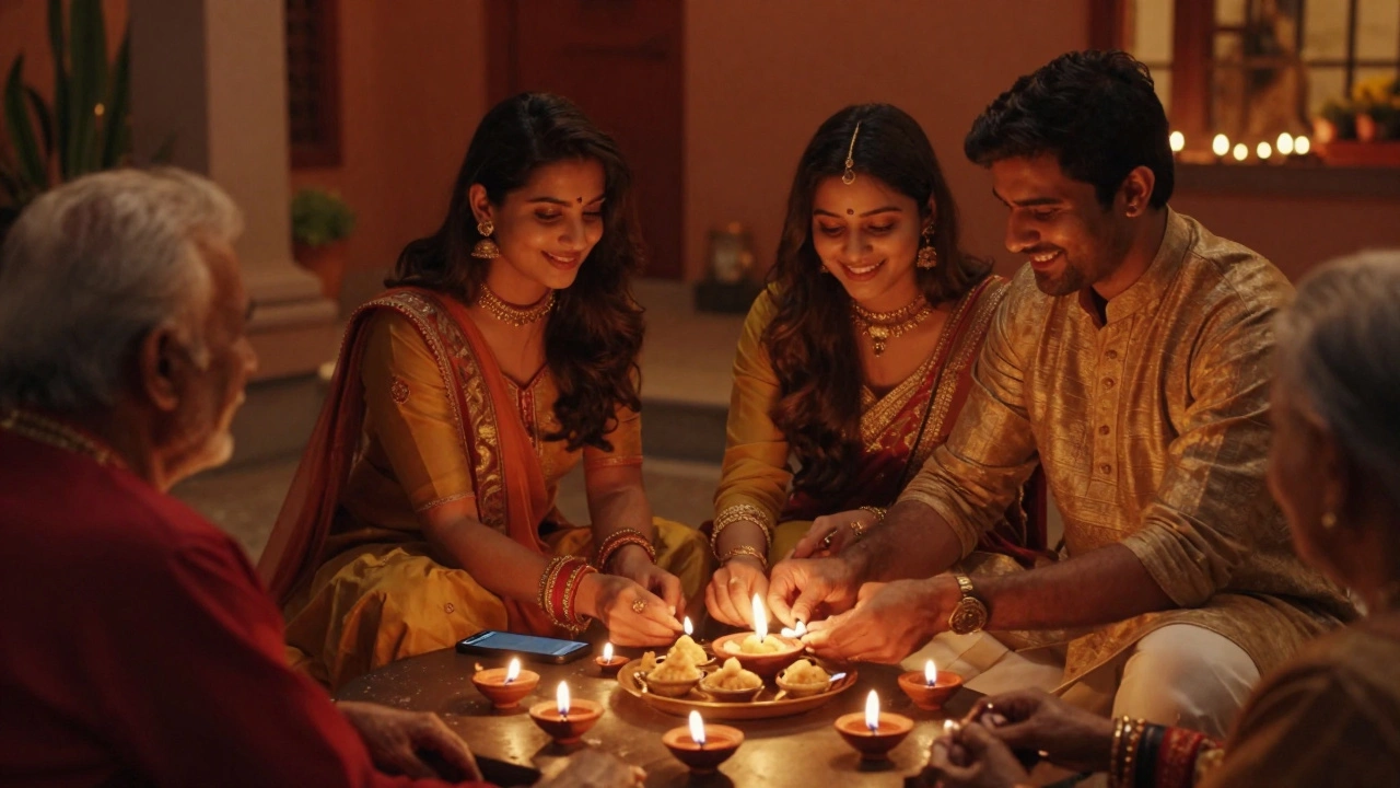 A couple participating quietly in a Diwali celebration, serving sweets to elders while their phone lies face-down on the table.