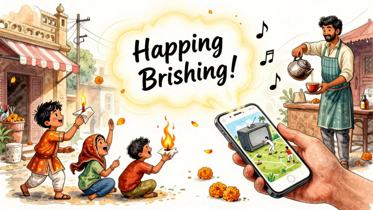 A floating birthday message transforms into a tiny scene of chaos, ladoos, cricket, and chai in watercolor style.