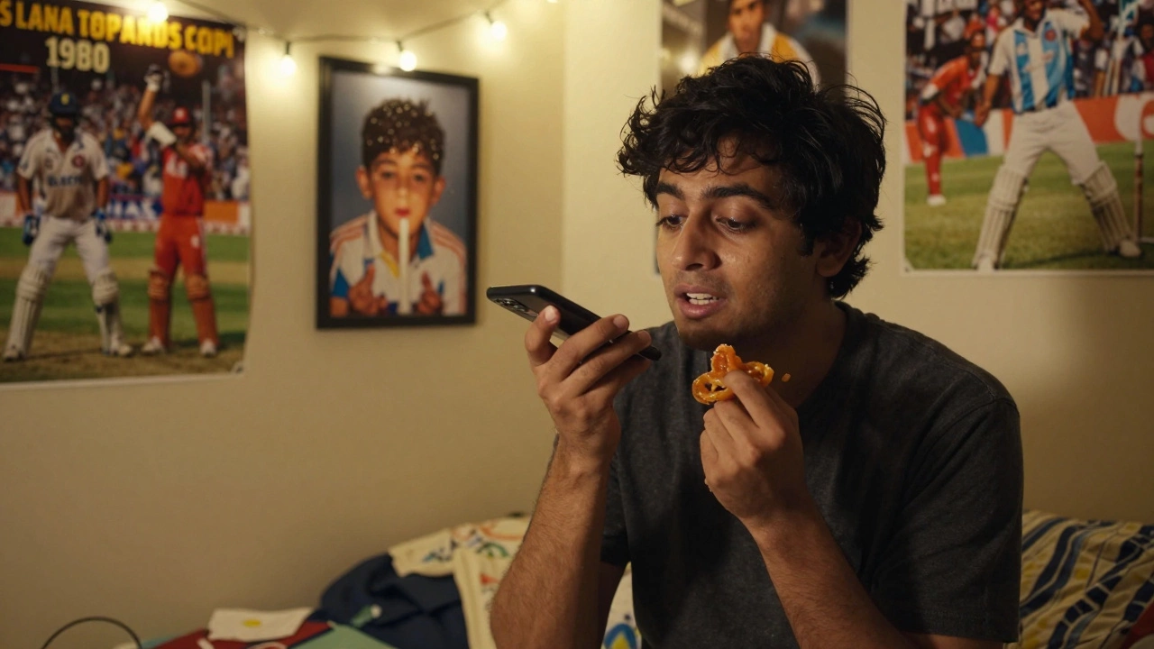 A young man records a warm voice note in his room, surrounded by cricket memorabilia and morning light.