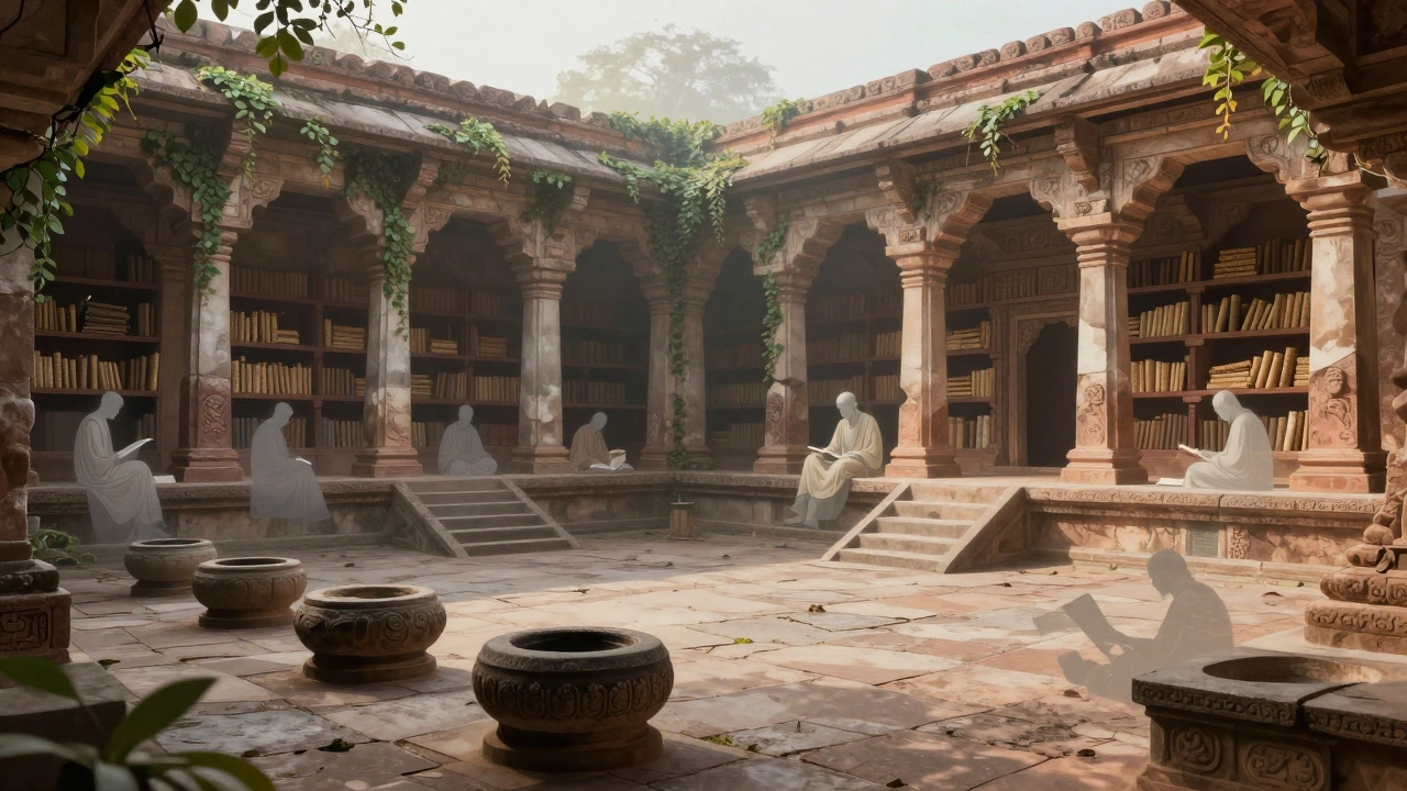 Ancient Nalanda University ruins with scholars and inkwells under misty light.