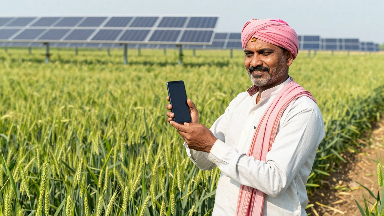 Farmer using smartphone in green field with solar panels, showing digital progress and agriculture.