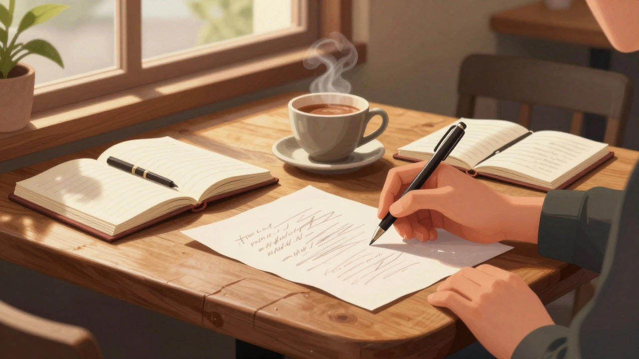 Hand holding pen over notebook on a café table