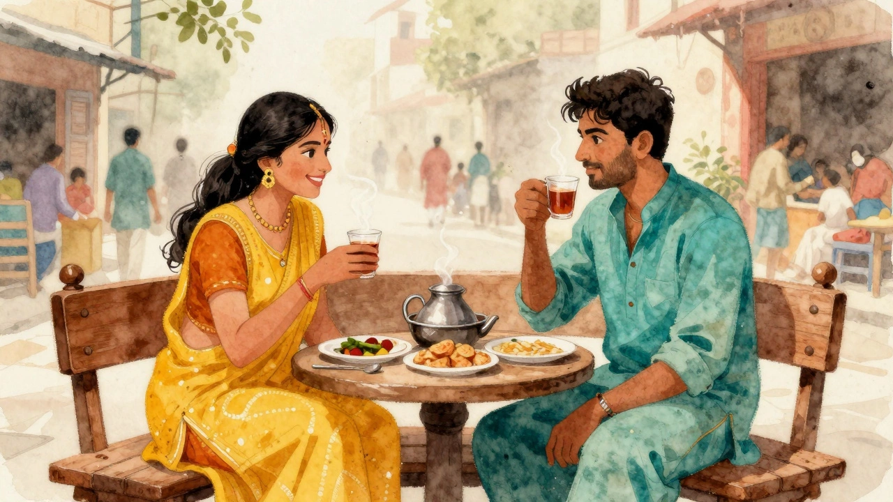 Illustration of friends drinking chai together at an Indian street stall.