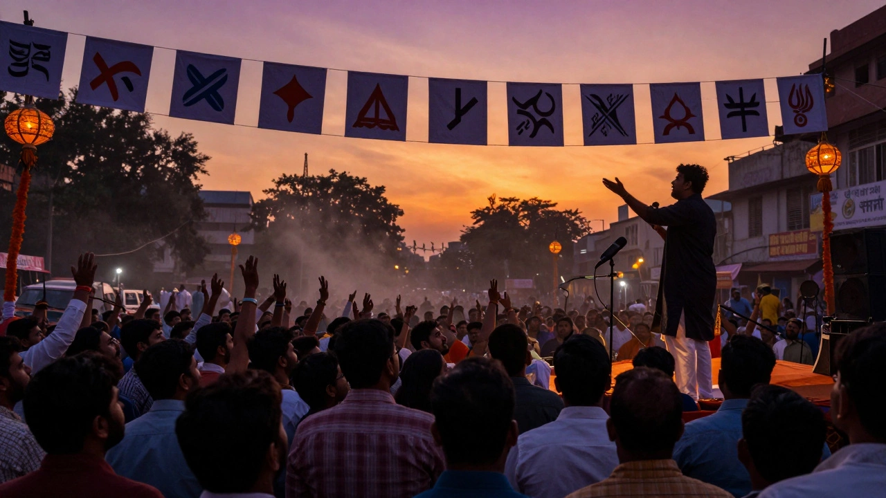 Silhouette of politician addressing crowd at dusk in India
