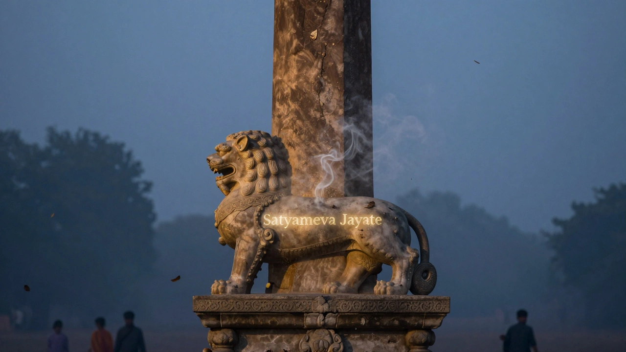 The Lion Capital of Ashoka with glowing Sanskrit script rising like smoke, surrounded by mist and distant figures.