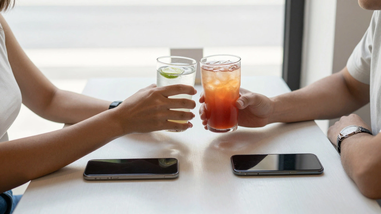 Two people ignoring phones to connect face to face at a cafe.