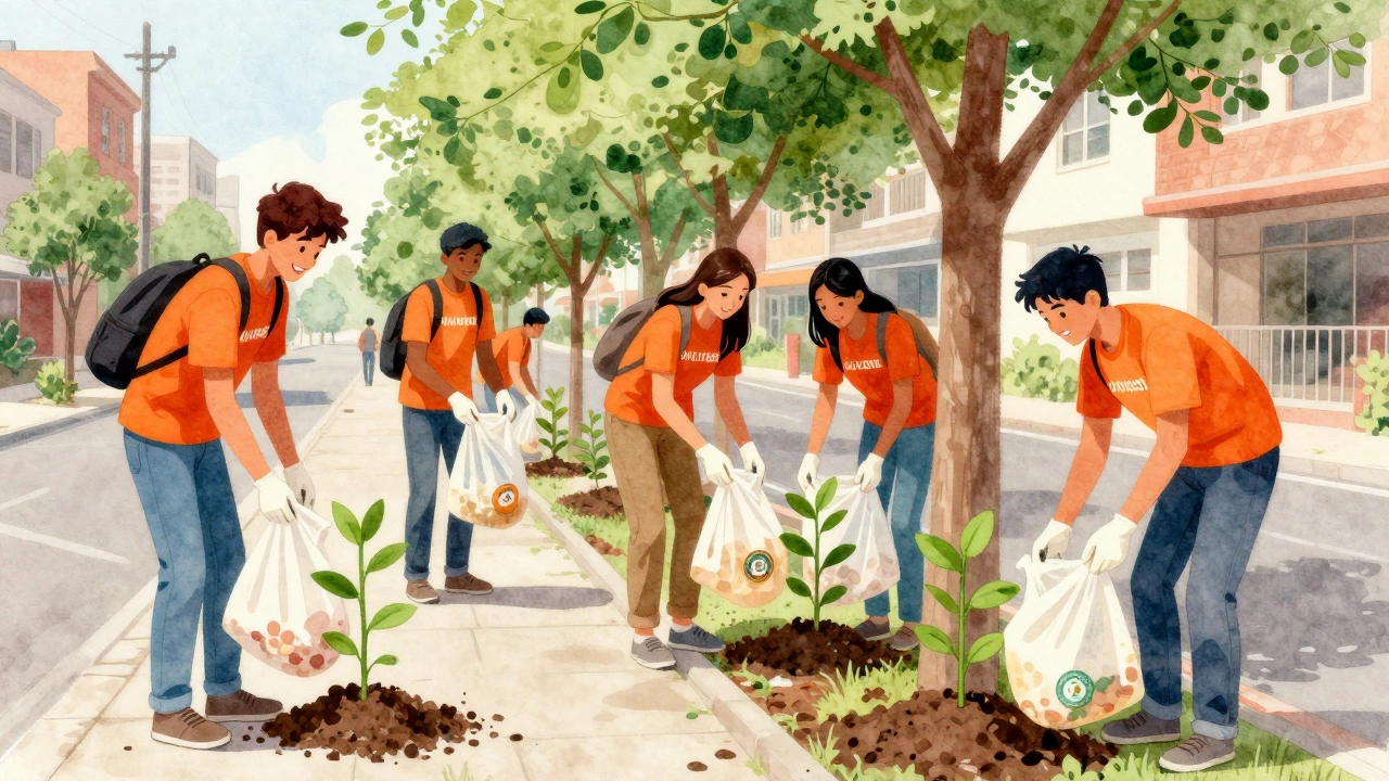 Youth volunteers planting trees and cleaning a park, demonstrating civic duty and community action.