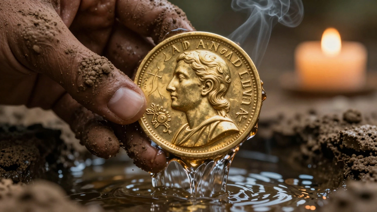A mud-covered gold coin being washed by water to reveal a brilliant gold surface.