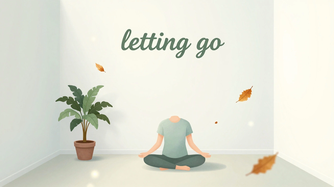 A person in a minimalist room surrounded by ethereal floating leaves and soft light.